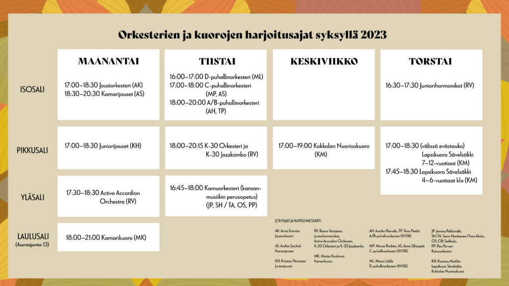 Keski-Pohjanmaan Konservatorion orkesterien ja kuorojen harjoitusaikataulu syksyllä 2023.