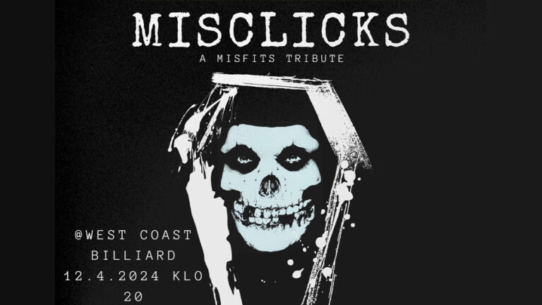 Kuvassa on musta tausta. Keskellä kuvaa on valkoinen pääkallo, jota kehystävät valkoisella sutaistut, rastamaiset siveltimenvedot. Yläreunassa lukee valkoisella: "Misclicks - A Misfits Tribute". Kuva: Miko Kylmä