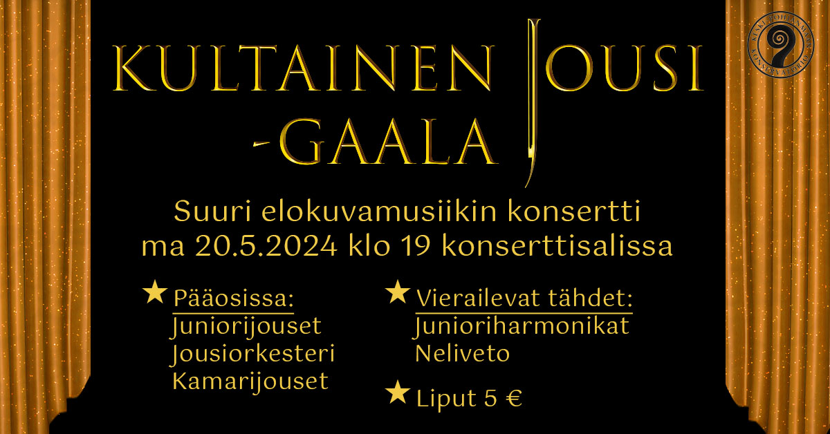 Kuvassa on musta tausta. Sivuilla ja yläreunassa on kultaiset, kimaltelevat verhot. Keltaisella tekstillä kerrotaan Kultainen jousi -gaalasta, joka on 20.5.2024 klo 19 Keski-Pohjanmaan Konservatorion konserttisalissa.