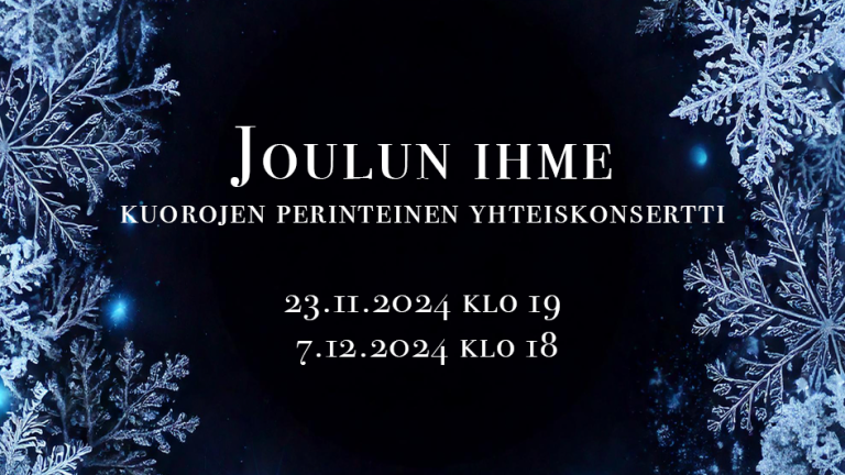 Kuvassa on tumma tausta. Oikeassa ja vasemmassa reunassa on huurteisia, sinertäviä jääkukkia ja loistavia valoja. Keskellä lukee valkoisella: "Joulun ihme - kuorojen perinteinen yhteiskonsertti".